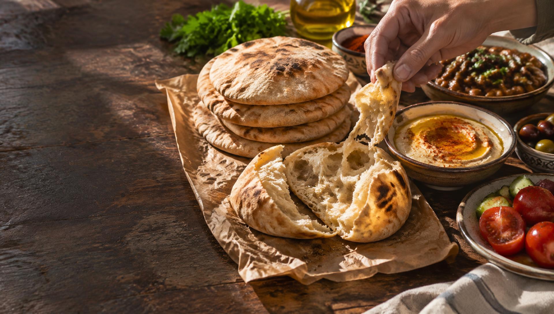 Egyptian balady bread, warm from the pan, shared with hummus and a generous table